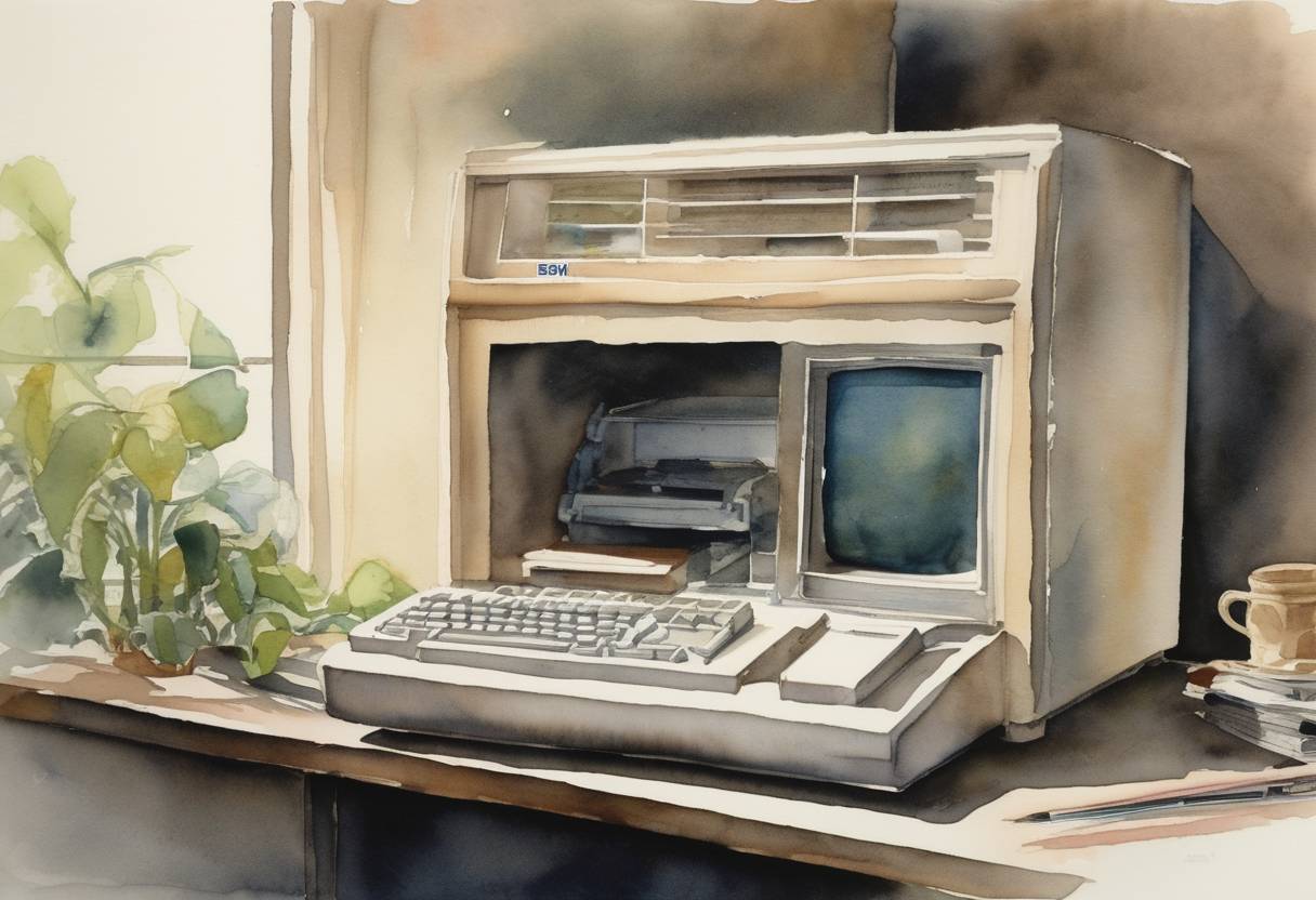 Watercolor painting based depiction of The introduction of the IBM Personal Computer was announced, setting a new standard in the personal computing industry. (1981)
