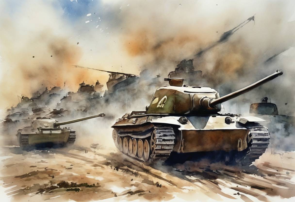 Watercolor painting based depiction of The Battle of Prokhorovka, one of the largest tank battles in history, took place during the larger Battle of Kursk in World War II. (1943)