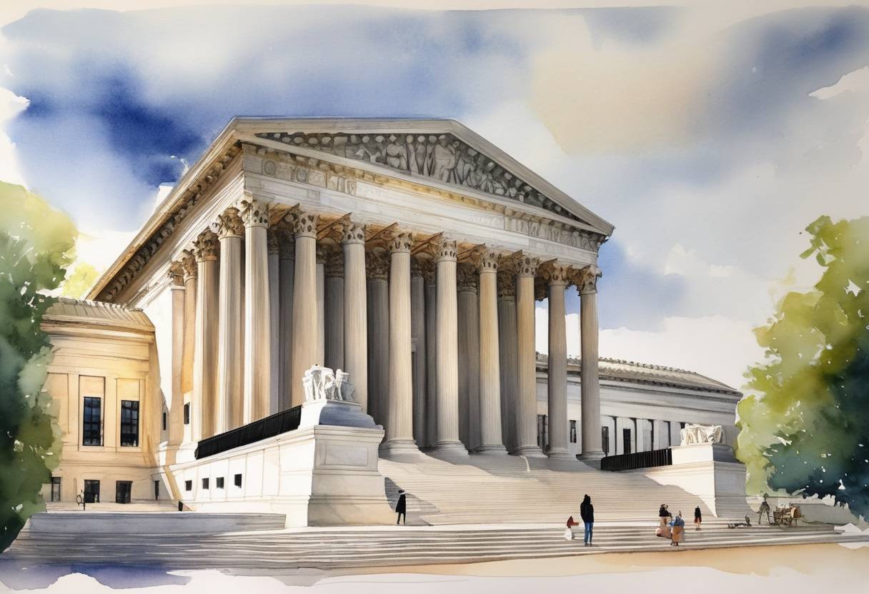 Watercolor painting based depiction of The United States Supreme Court began hearing oral arguments in Biden v. Nebraska, a case concerning the President's student loan forgiveness plan, impacting millions of loan borrowers. (2023)