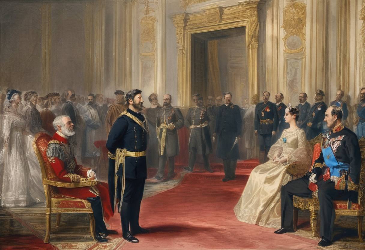 Watercolor painting based depiction of King Amadeo I of Spain abdicated the Spanish throne, leading to the proclamation of the First Spanish Republic. (1873)