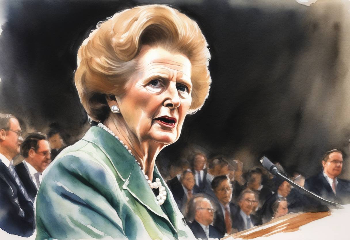 Watercolor painting based depiction of Margaret Thatcher became the first British Prime Minister in 160 years to be permitted to address a Joint Meeting of the U.S. Congress. (1990)
