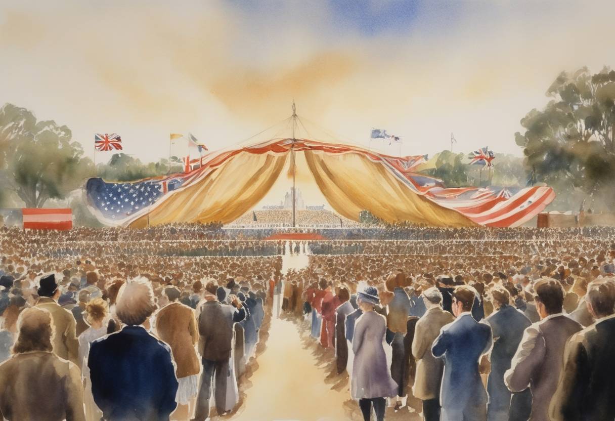 Watercolor painting based depiction of Advance Australia Fair is proclaimed as the national anthem of Australia, replacing God Save the Queen. (1984)
