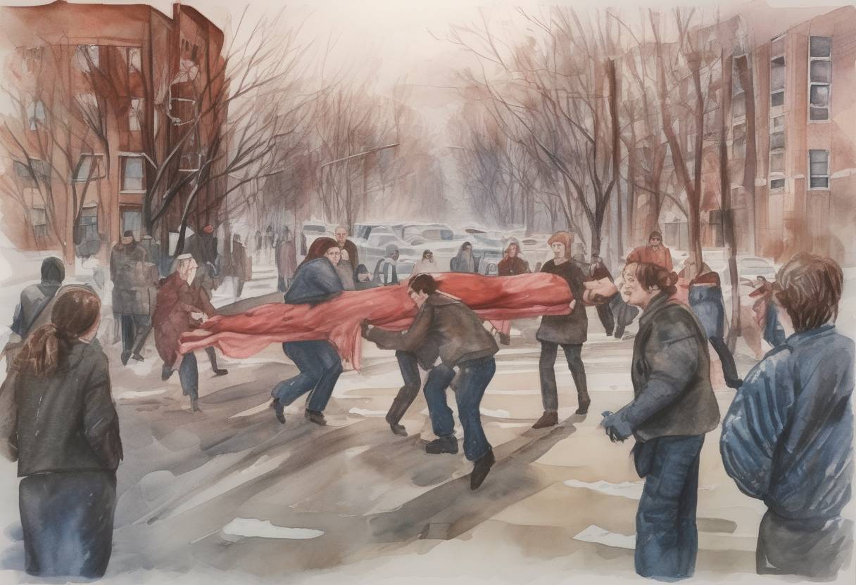 Watercolor painting based depiction of The École Polytechnique massacre occurs in Montreal, Canada, where 14 women are killed by a gunman in an anti-feminist attack. (1989)