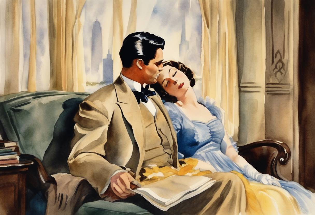 Watercolor painting based depiction of The novel 'Gone with the Wind' by Margaret Mitchell was published, becoming one of the best-selling novels of all time and later adapted into an acclaimed film. (1936)