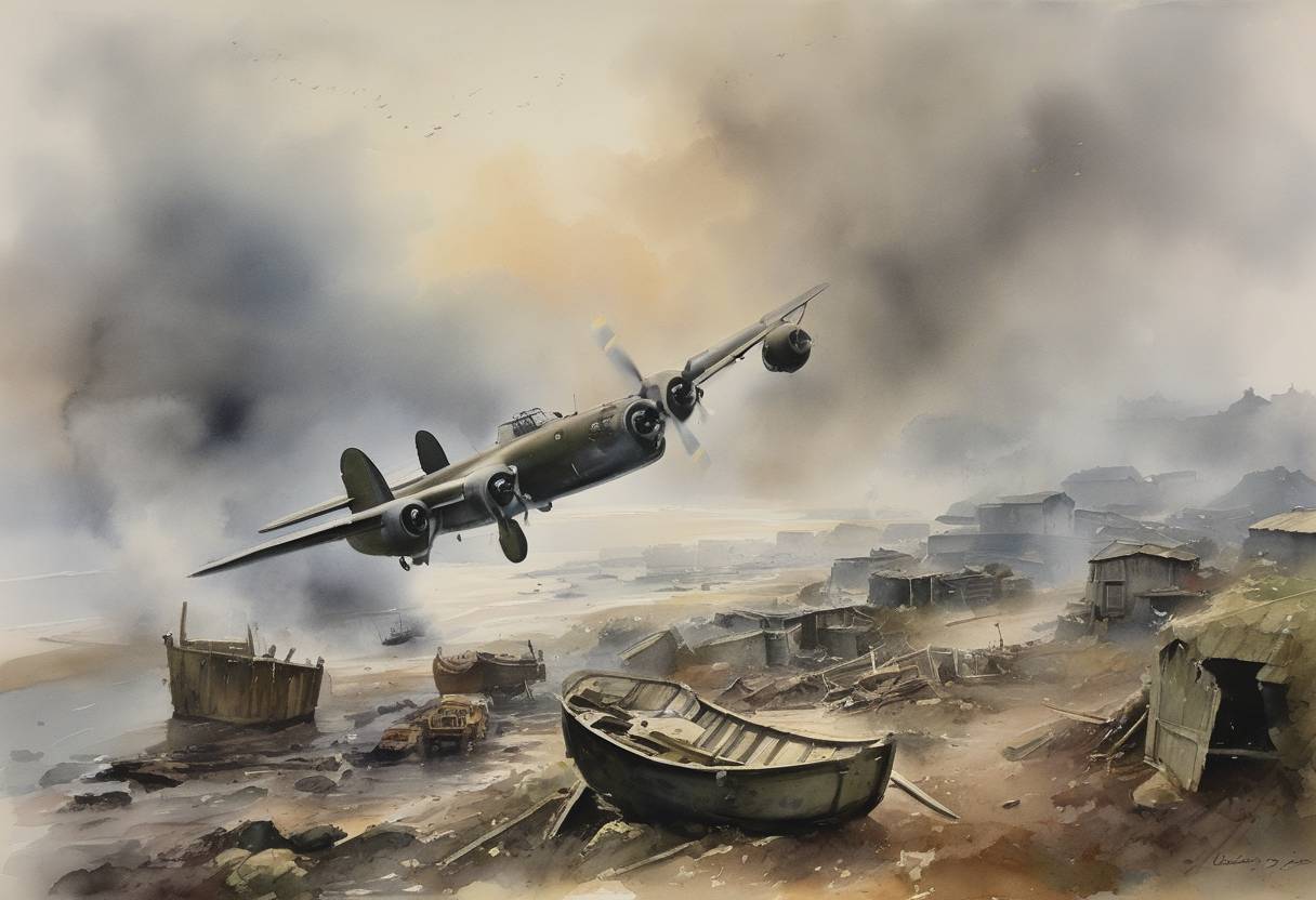 Watercolor painting based depiction of Plymouth and other locations in Devon, England, experienced a devastating fog, leading to the crash of a B-24 Liberator bomber, resulting in the deaths of 23 military personnel. (1945)