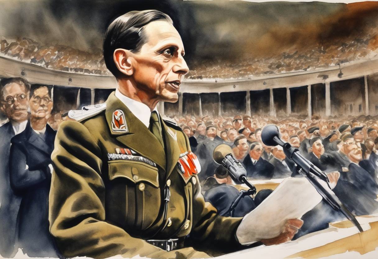 Watercolor painting based depiction of Joseph Goebbels delivered the Sportpalast speech at the Berlin Sportpalast calling for a Total War against the Allies. (1943)