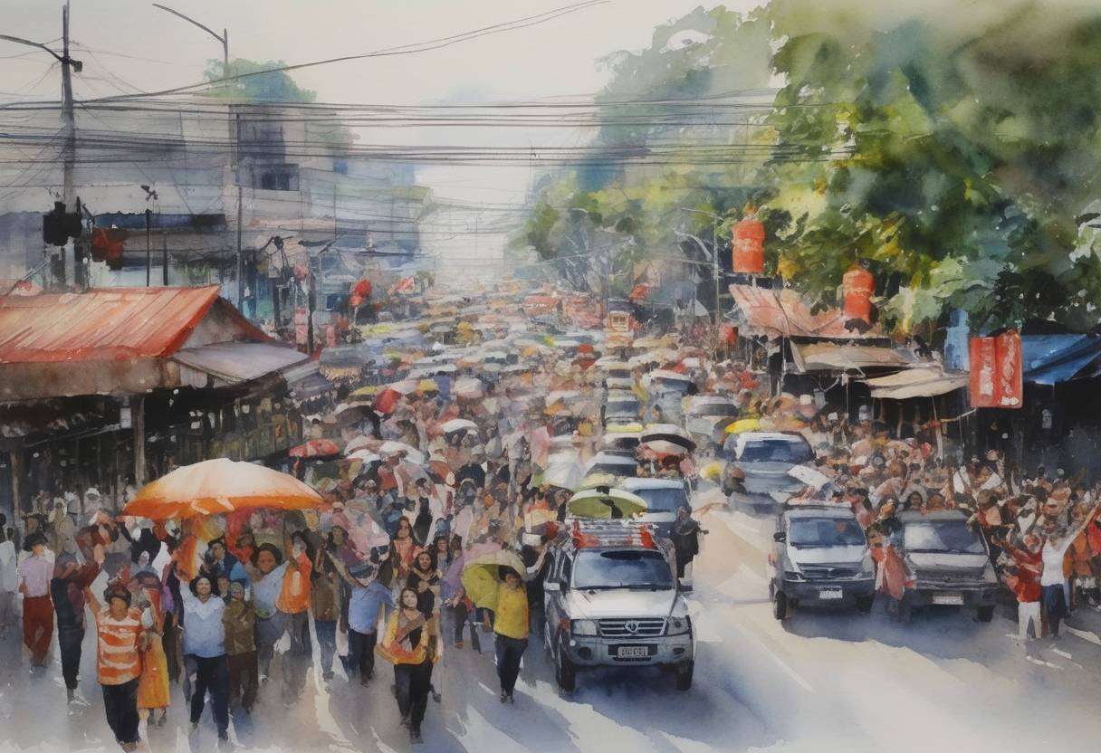 Watercolor painting based depiction of Thailand declared a state of emergency in response to ongoing political protests. Demonstrations were aimed at ousting Prime Minister Yingluck Shinawatra amidst allegations of corruption and abuse of power. (2014)