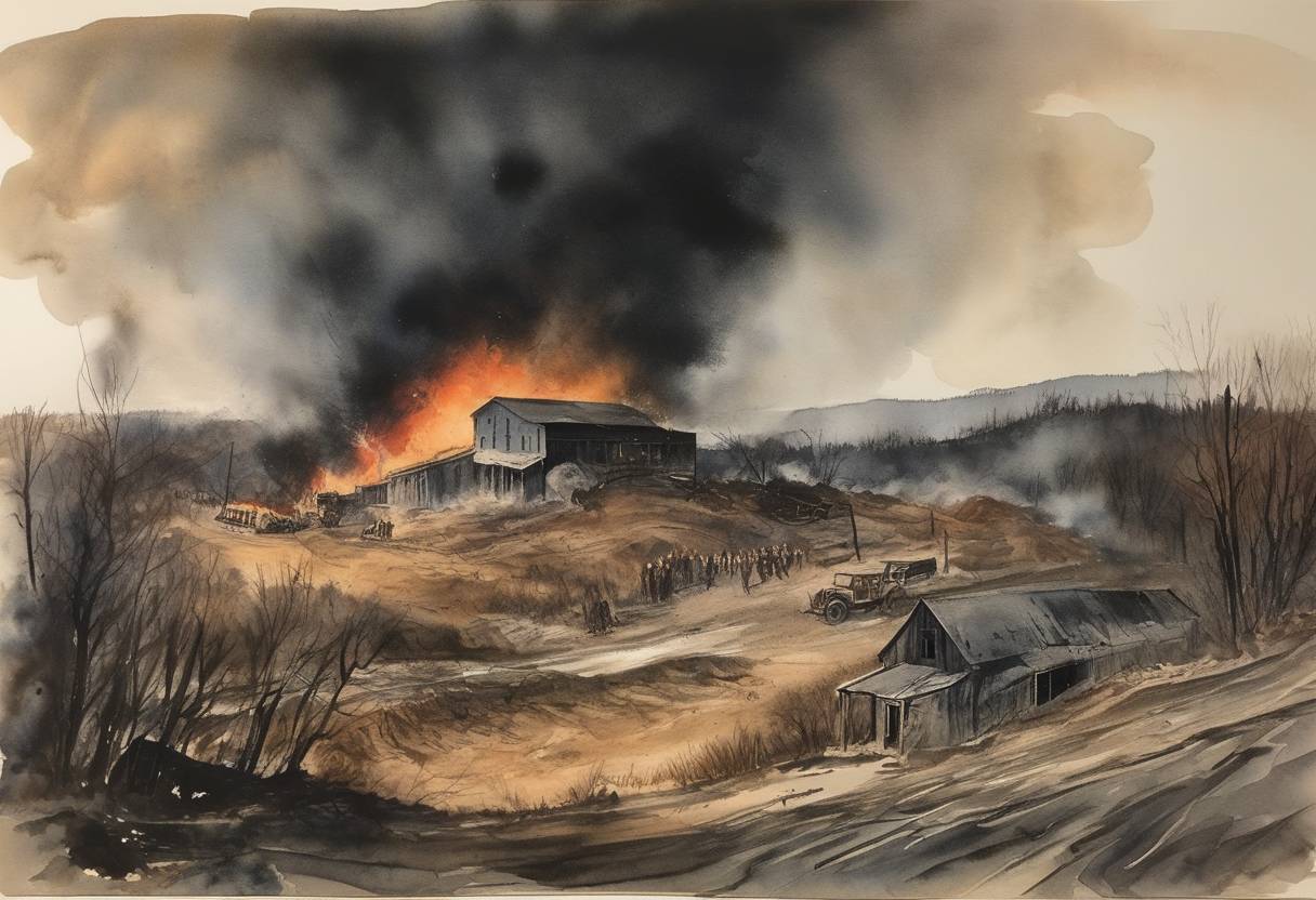 Watercolor painting based depiction of An explosion at the Centralia No. 5 coal mine in Illinois killed 111 miners, highlighting issues in mine safety regulations and practices. (1947)