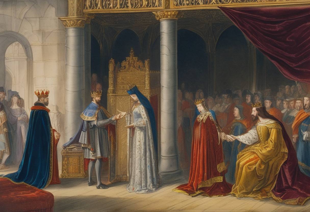 Watercolor painting based depiction of King John of England expels Isabella of Angoulême's first husband, Hugues IX le Brun, from England, amidst conflict over territories and alliances. (1210)