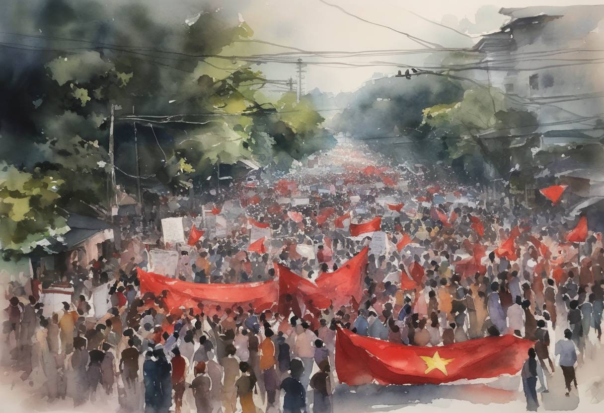 Watercolor painting based depiction of Protests took place across Myanmar against the military coup that occurred on February 1, 2021. February 27 saw one of the deadliest days of the protests, with significant violence reported as security forces used live ammunition against demonstrators, resulting in numerous fatalities. (2021)