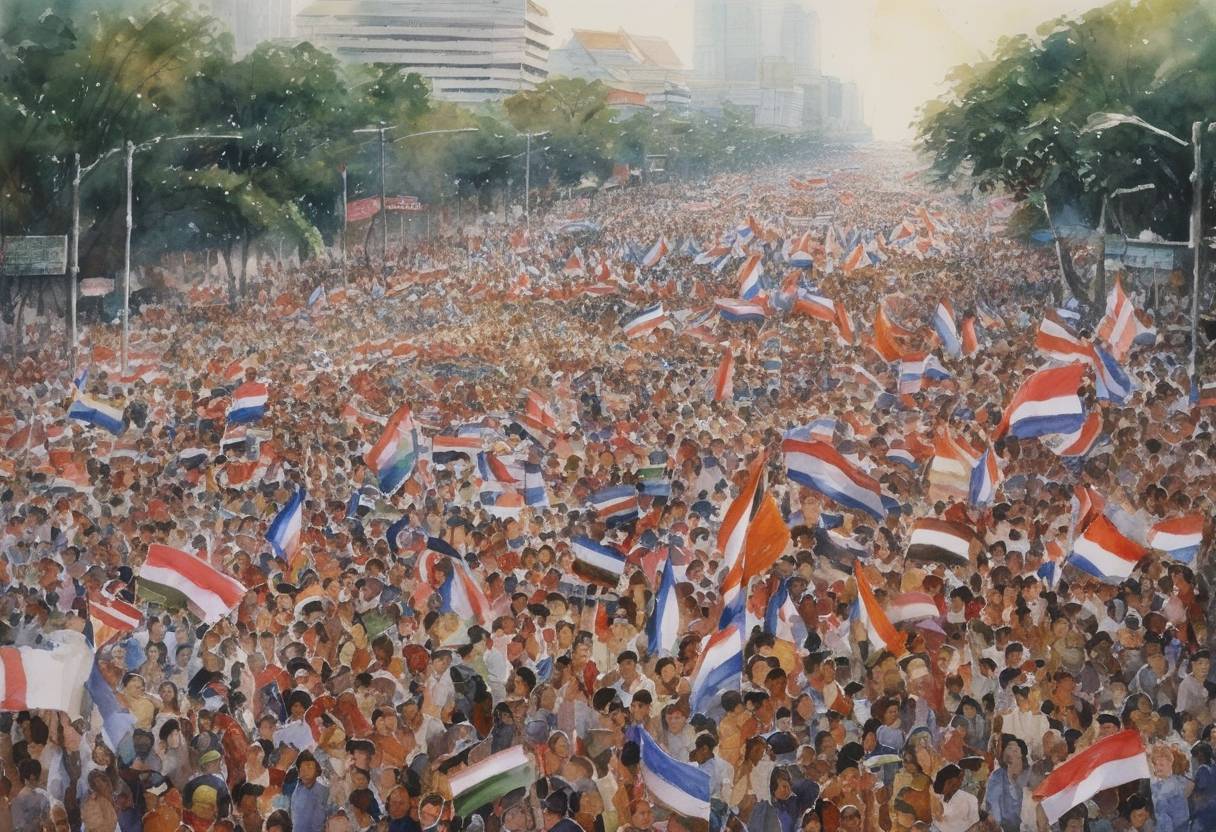 Watercolor painting based depiction of Tens of thousands of protesters in Thailand took to the streets to demand the resignation of Prime Minister Chuan Leekpai, accusing him of corruption and economic mismanagement. (2000)