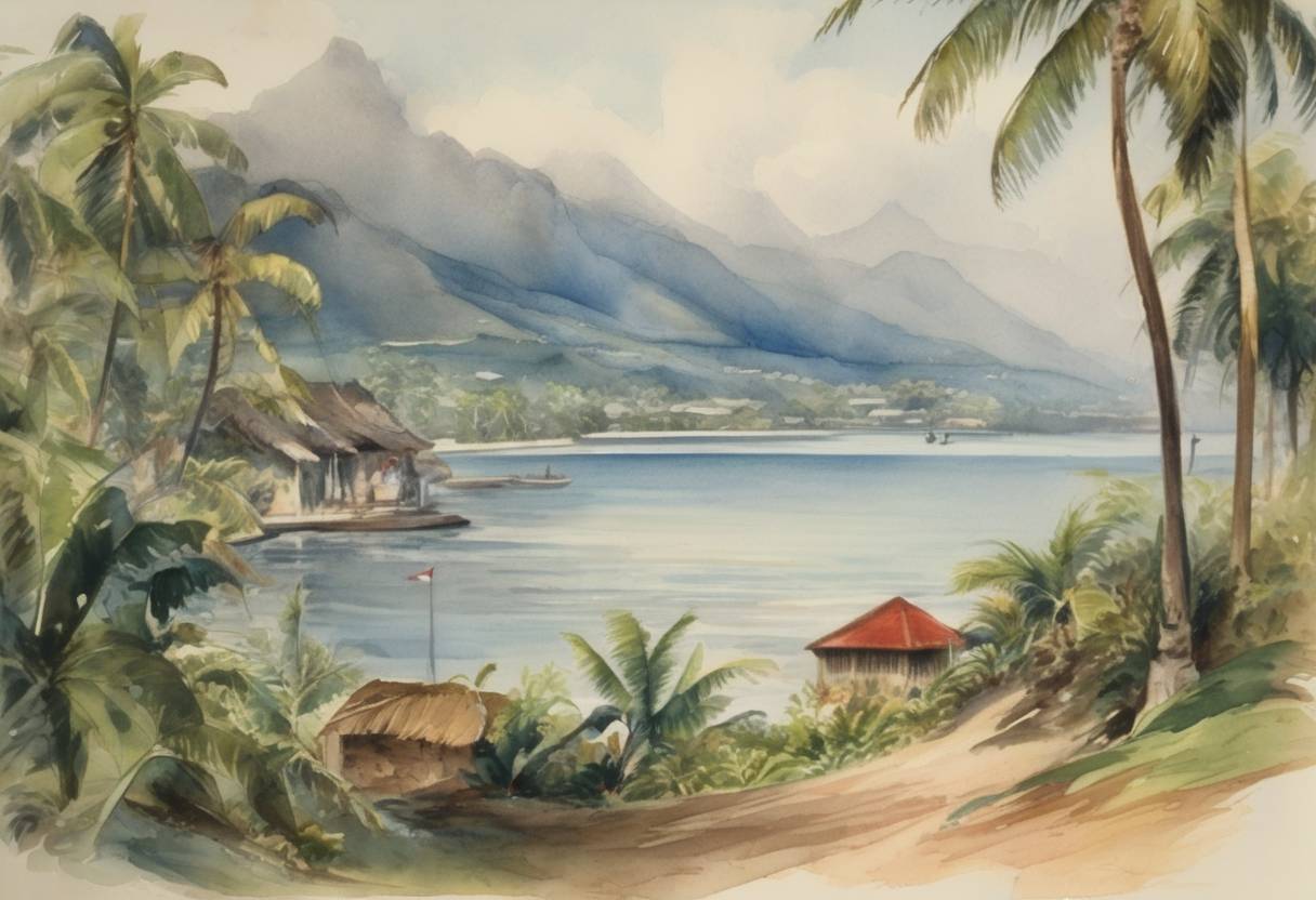 Watercolor painting based depiction of France annexes Tahiti, fully establishing its presence in the Society Islands. (1891)