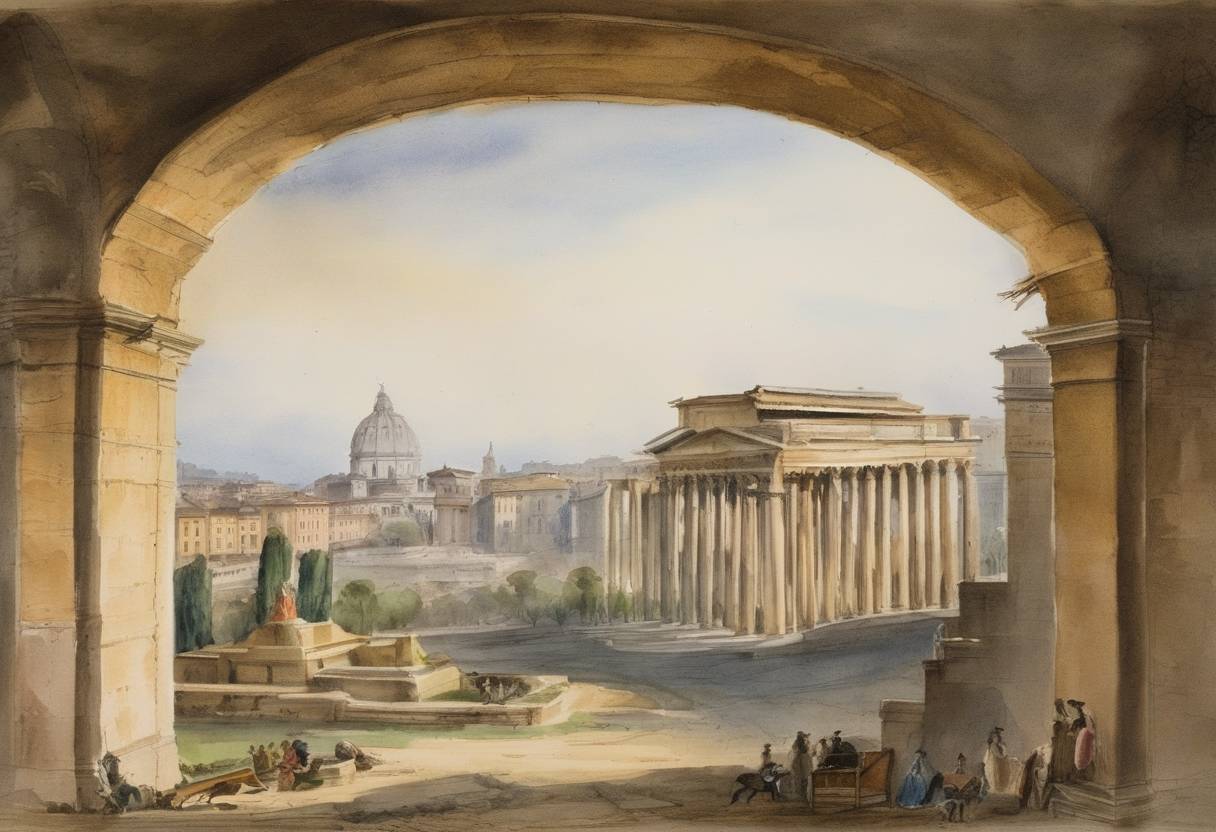 Watercolor painting based depiction of The French entered Rome to restore Pope Pius IX after the Roman Republic was declared earlier in the year. (1849)
