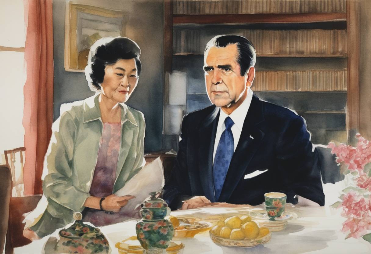 Watercolor painting based depiction of U.S. President Richard Nixon announced that he would visit the People's Republic of China at the invitation of the Chinese government, marking a significant thaw in relations between the two countries. (1971)