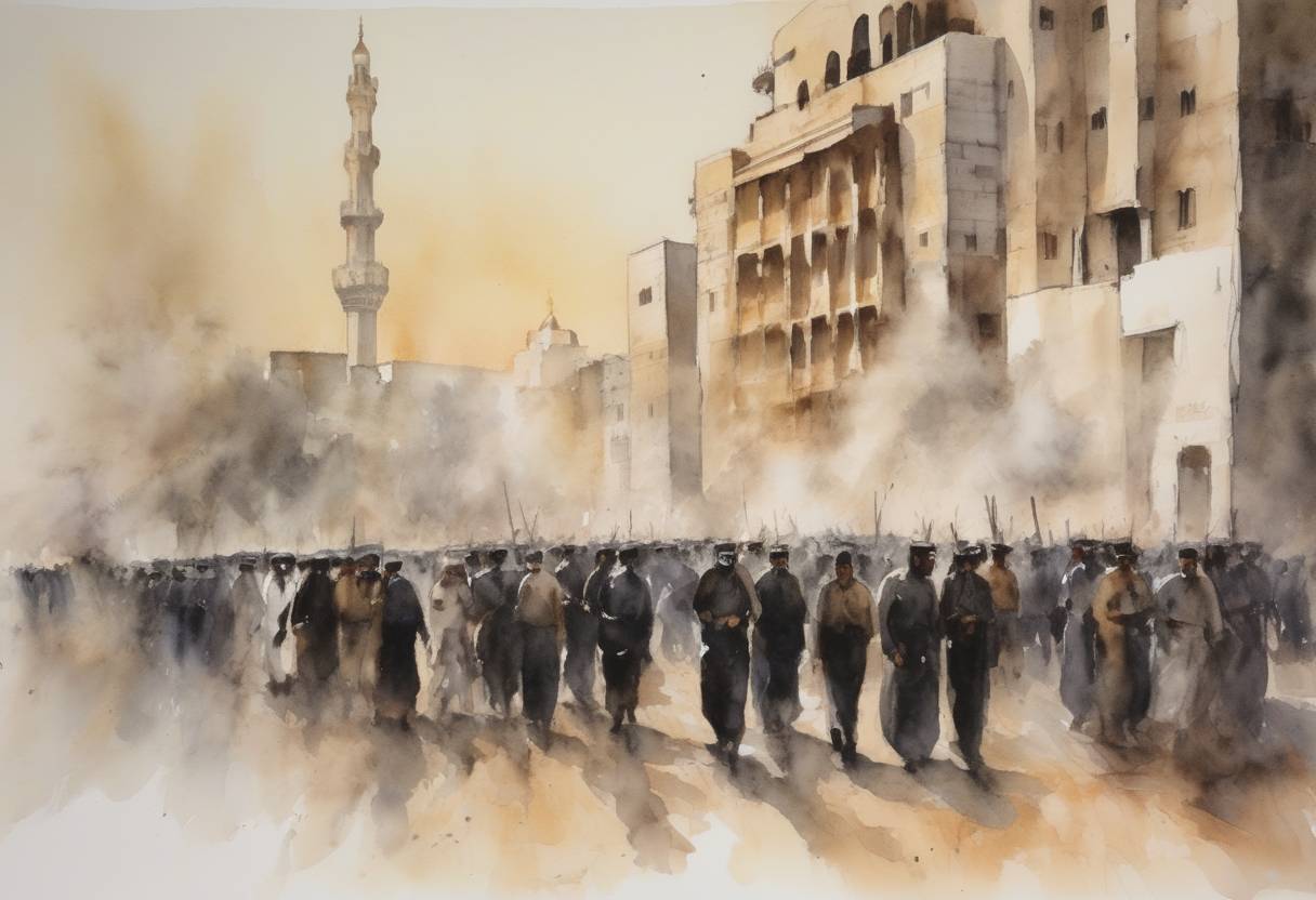 Watercolor painting based depiction of Saudi Arabia executed 81 individuals in a mass execution for a range of offenses. It was the kingdom's largest mass execution in its modern history, raising international human rights concerns. (2022)