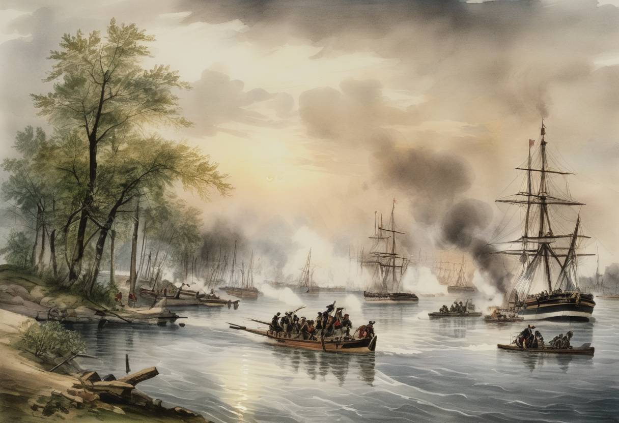 Watercolor painting based depiction of American forces under General William Hull cross the Detroit River and invade Canada, initiating the Detroit Campaign of the War of 1812. (1812)