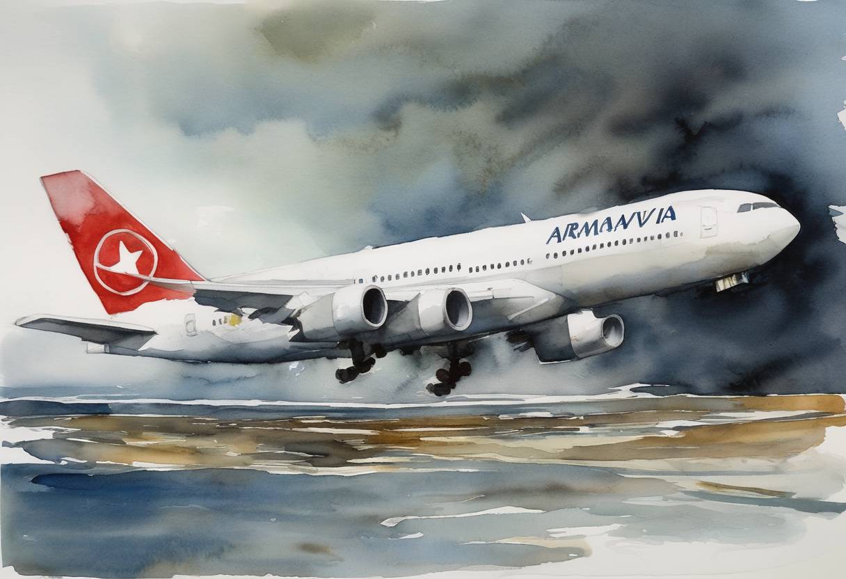Watercolor painting based depiction of Armavia Flight 967 crashed into the Black Sea while attempting to land at Sochi International Airport, resulting in the deaths of all 113 passengers and crew on board. (2006)