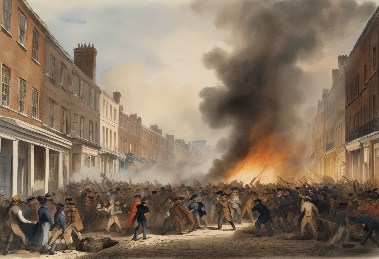 Watercolor painting based depiction of The Brixton Riot of 1816, involving a group of unemployed and destitute men violently storming the town of Brixton due to employment concerns, took place following economic distress after the Napoleonic Wars. (1816)