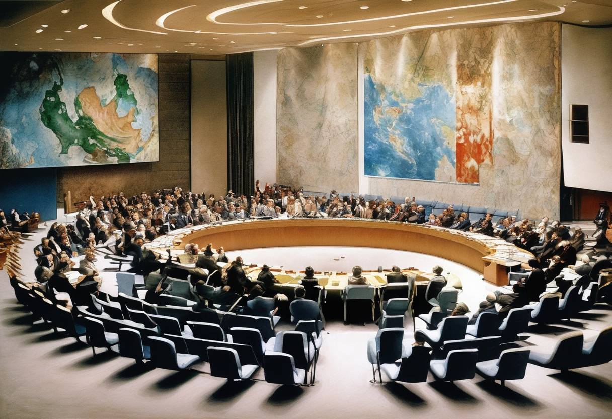Watercolor painting based depiction of The United Nations Security Council votes 11-1 to allow the Palestine Liberation Organization to participate in a Security Council debate, without voting rights. (1976)