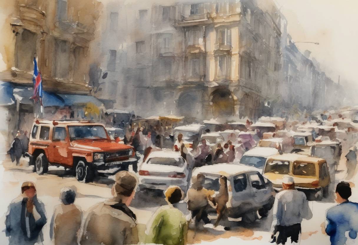 Watercolor painting based depiction of On June 22, 2011, Syria was suspended from the Euro-Mediterranean Partnership due to the government's violent crackdown on protestors during the Syrian Civil War. This was part of the international community's response to the humanitarian crisis in Syria. (2011)