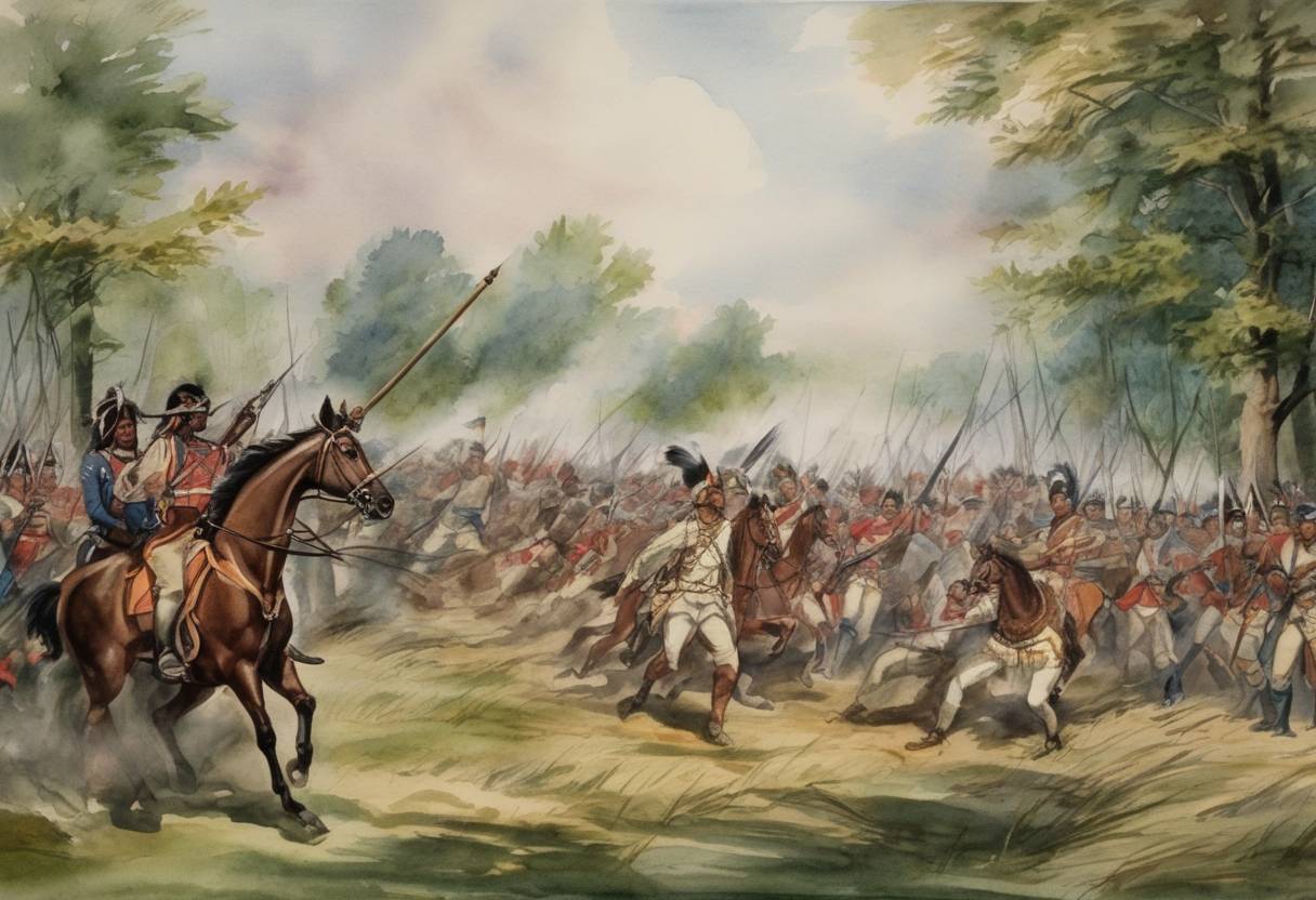 Watercolor painting based depiction of The Battle of Fallen Timbers was fought between the United States and Native American tribes. It marked a decisive victory for the United States, leading to the Treaty of Greenville. (1794)