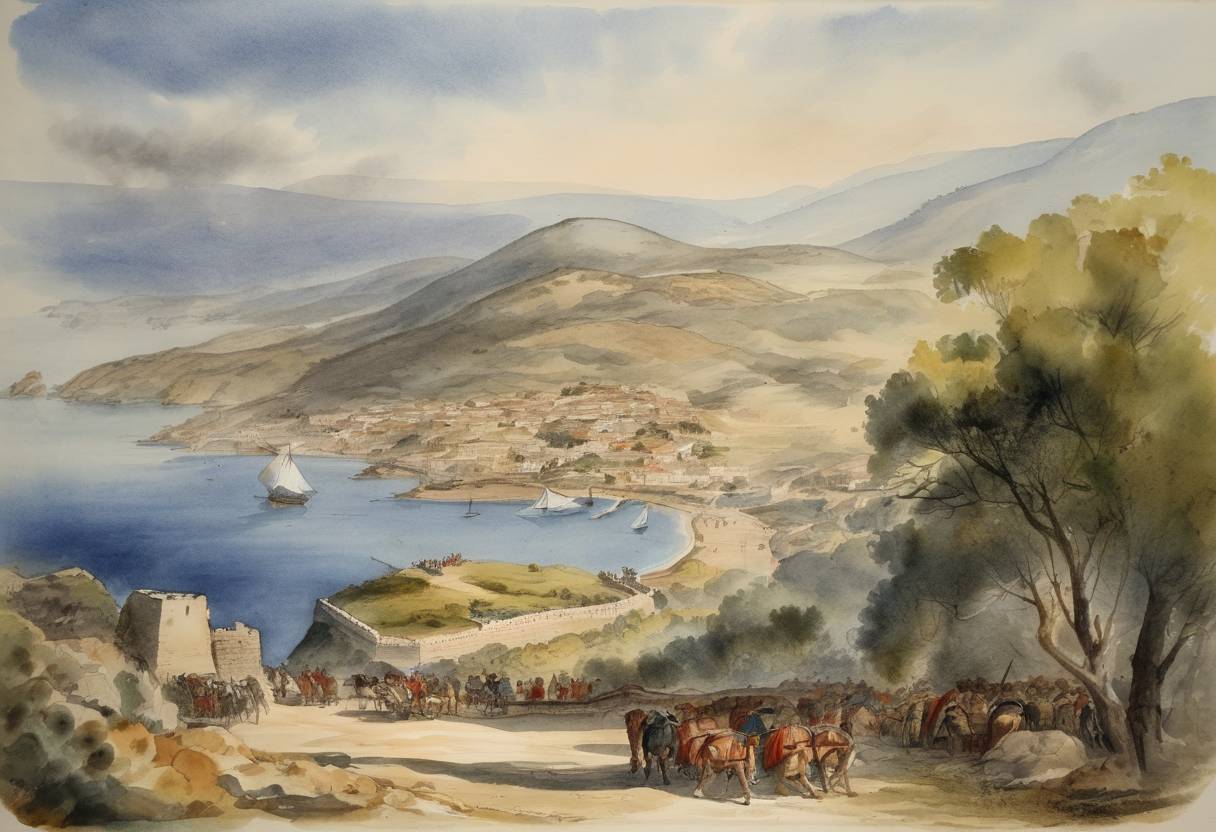 Watercolor painting based depiction of In the Greek War of Independence, the Greeks defeated the Ottomans at the Battle of Eressos on the island of Lesbos. (1821)