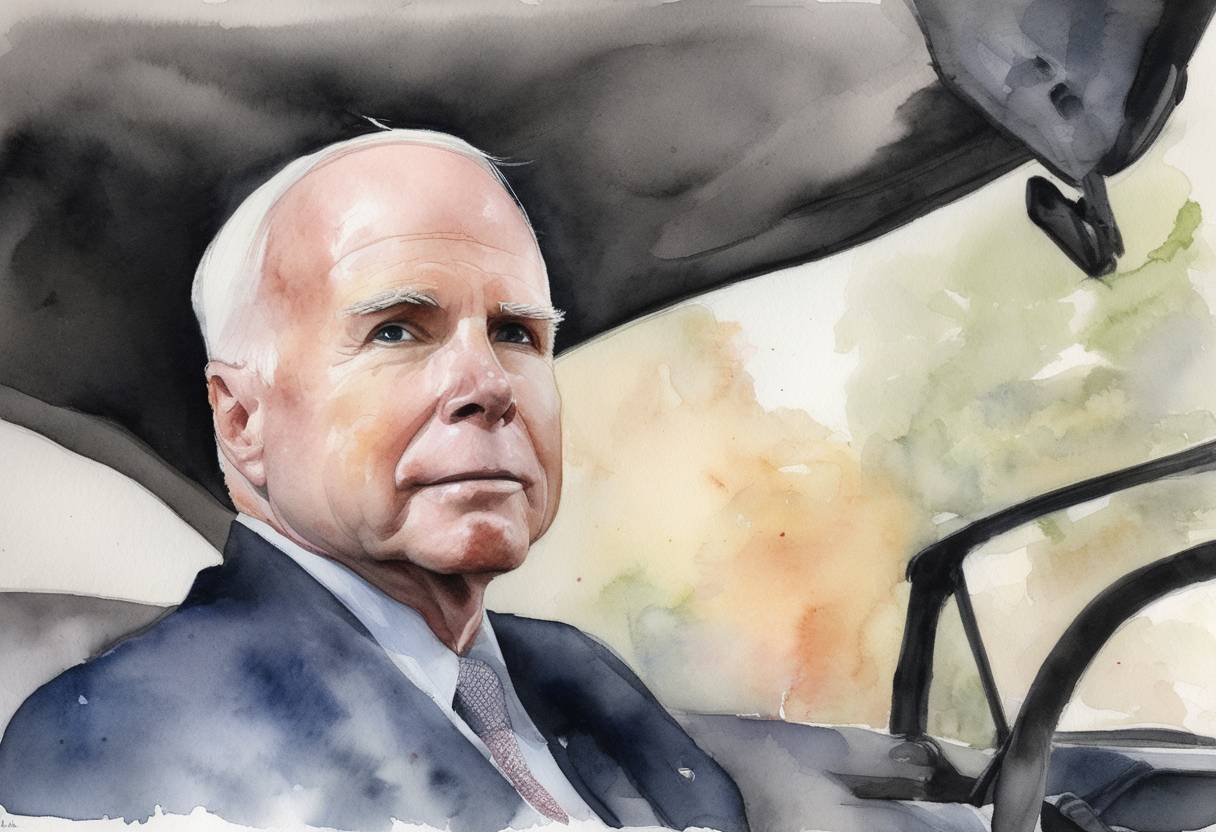 Watercolor painting based depiction of John McCain, the six-term U.S. senator and two-time presidential candidate from Arizona, decided to discontinue treatment for an aggressive form of brain cancer, glioblastoma, which he had been battling since 2017. (2018)