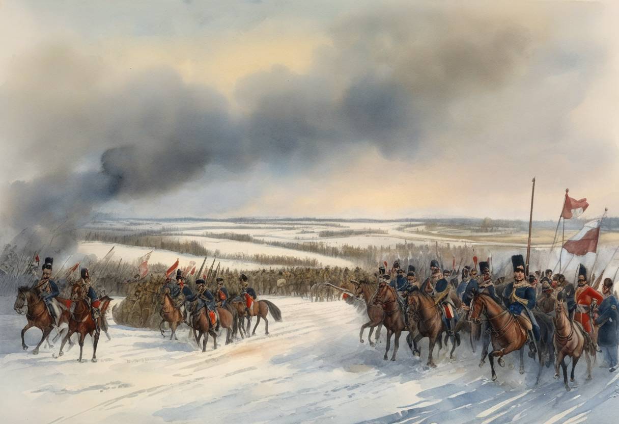 Watercolor painting based depiction of The Battle of the Berezina during Napoleon's retreat from Moscow takes place, where French forces engaged Russian armies at the Berezina River. (1812)
