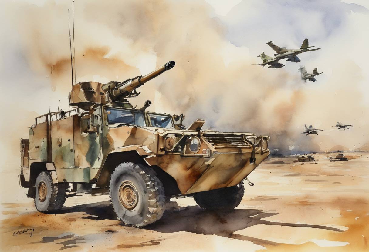 Watercolor painting based depiction of The French Air Force conducts airstrikes against a military base in Libya's central region as part of the multinational effort to enforce United Nations Security Council Resolution 1973 and protect civilians during the Libyan Civil War. (2011)
