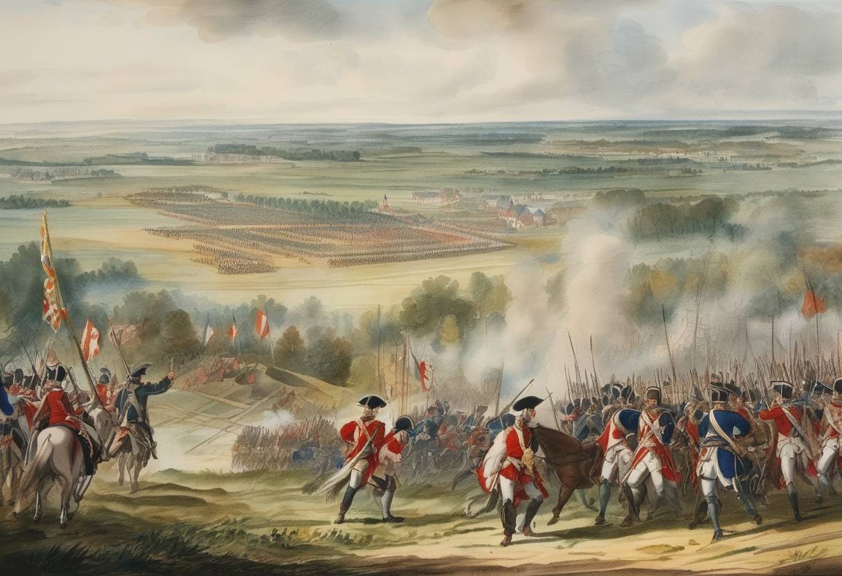 Watercolor painting based depiction of The Battle of Fontenoy took place during the War of the Austrian Succession. (1745)