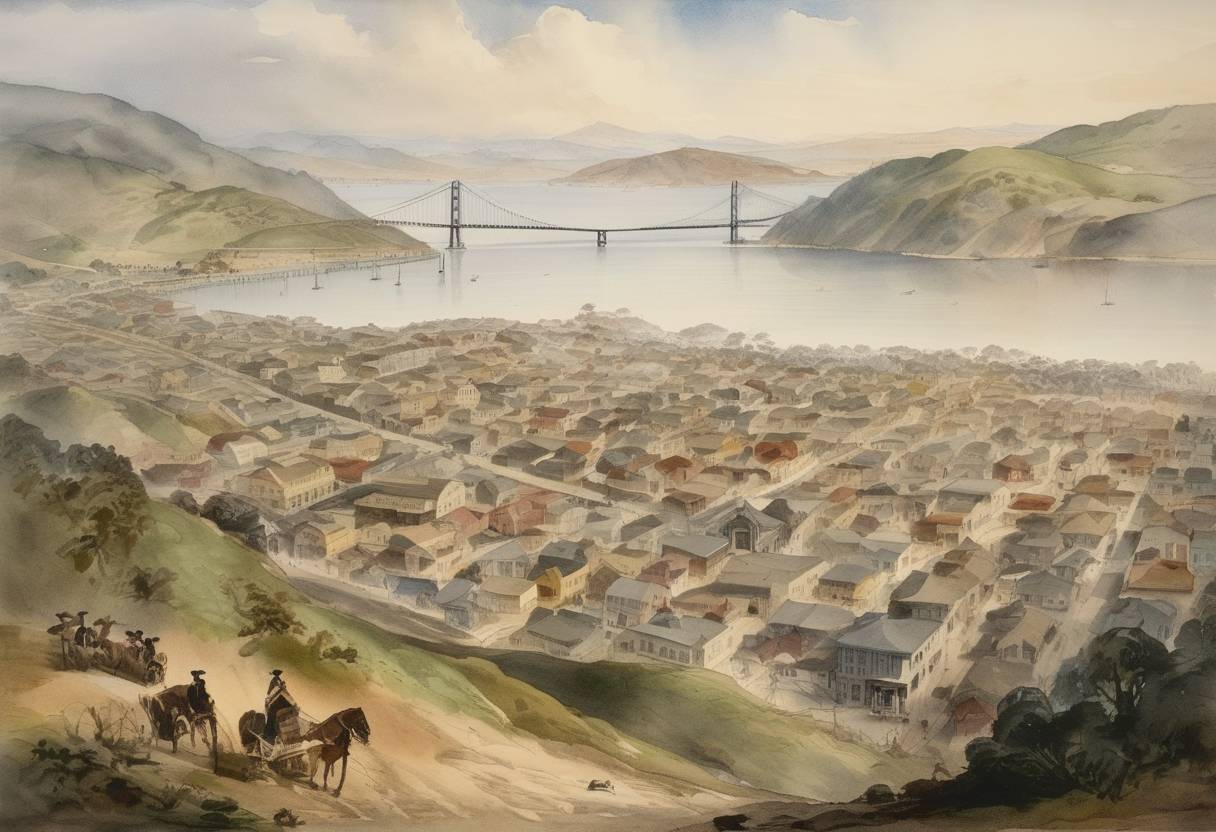 Watercolor painting based depiction of The town of Yerba Buena was re-named San Francisco, following the United States' capture of the Californian territory during the Mexican-American War. (1847)