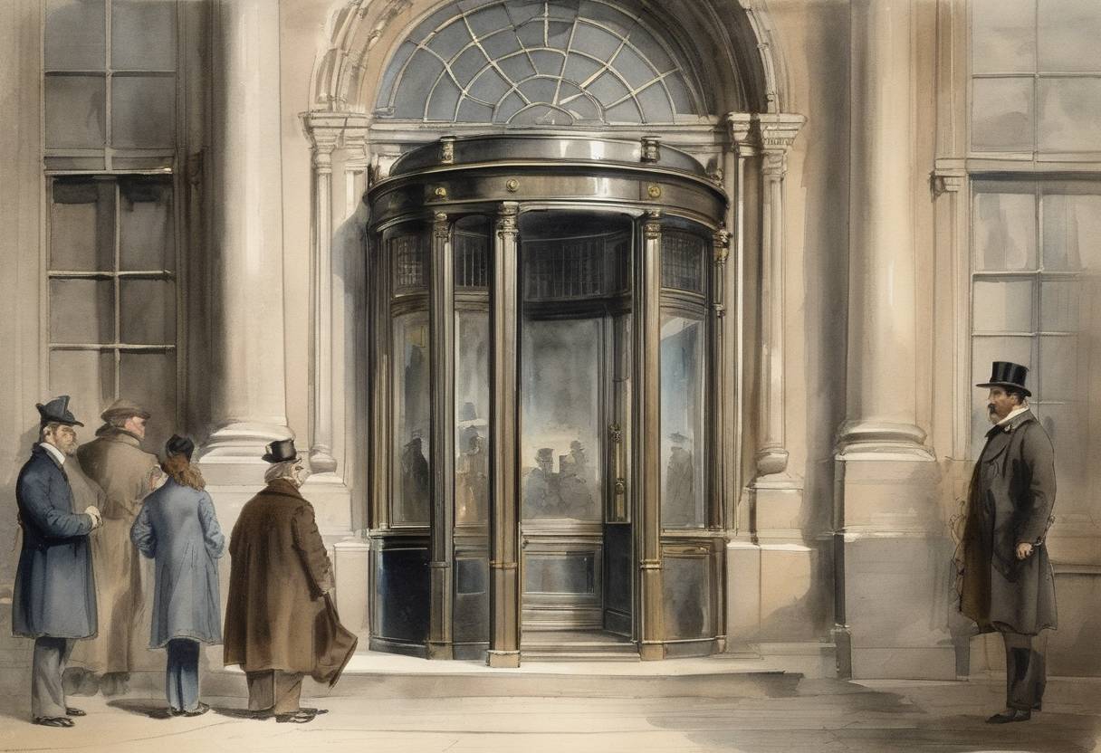 Watercolor painting based depiction of Theophilus Van Kannel of Philadelphia was granted a patent for the revolving door. (1888)