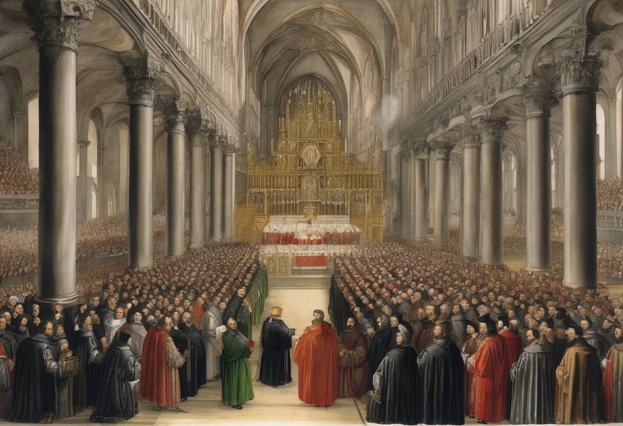 Watercolor painting based depiction of The final session of the Council of Trent commenced, an important part of the Counter-Reformation efforts by the Catholic Church, addressing issues raised by the Protestant Reformation. (1563)