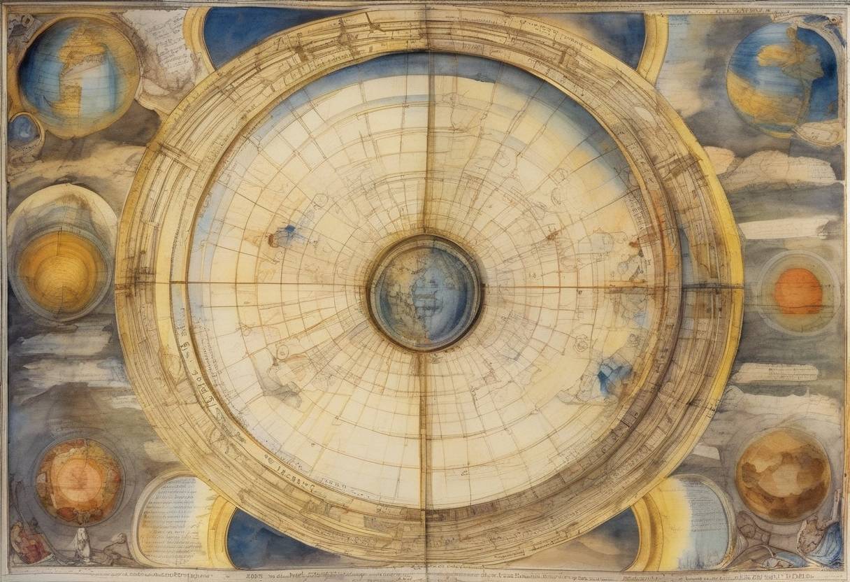 Watercolor painting based depiction of Galileo's book "Dialogue Concerning the Two Chief World Systems" was published, which compared the Copernican system with the traditional Ptolemaic system. (1632)