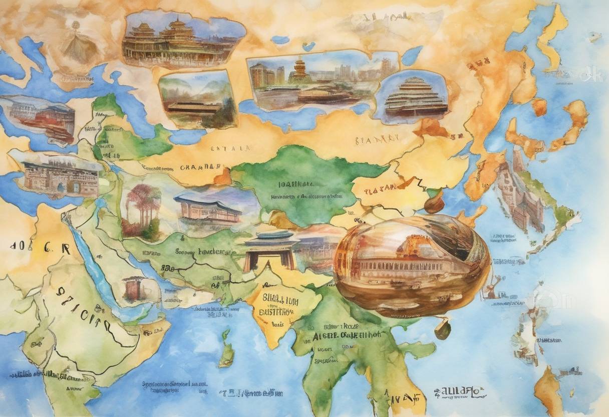 Watercolor painting based depiction of The People's Republic of China, Russia, Kazakhstan, Kyrgyzstan, Tajikistan, and Uzbekistan form the Shanghai Cooperation Organization (SCO) to promote political, economic, and security cooperation. (2001)