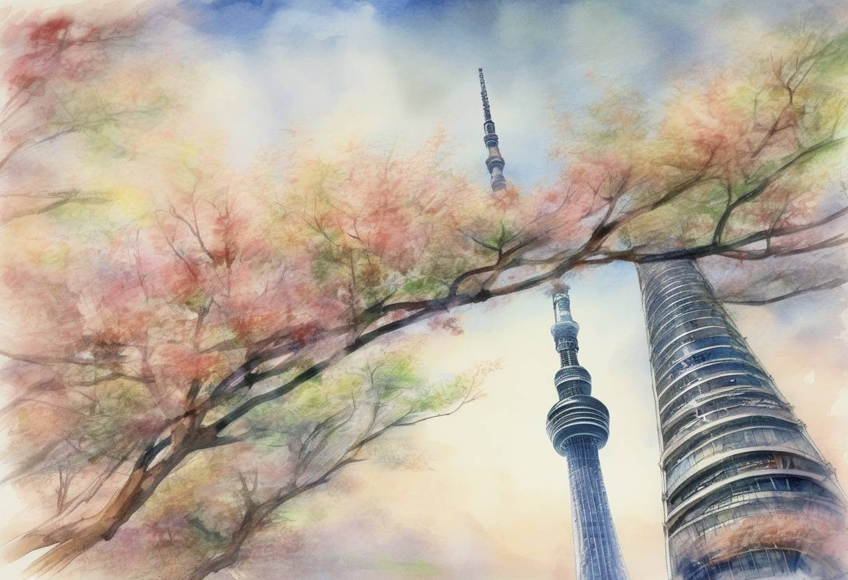 Watercolor painting based depiction of Tokyo Skytree, the tallest structure in Japan and the second tallest in the world at the time, officially opens to the public, becoming a major tourist attraction. (2012)