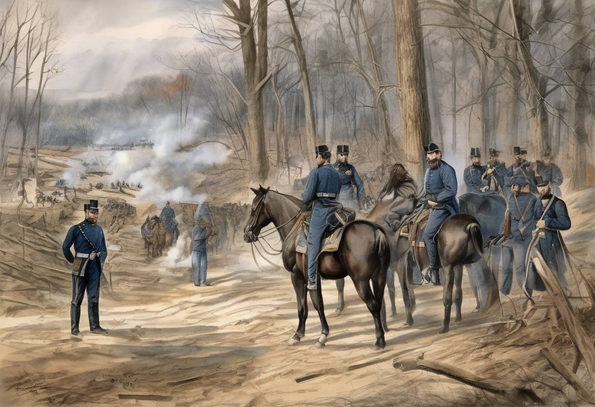 Watercolor painting based depiction of American Civil War: General Ulysses S. Grant captures Fort Donelson, Tennessee. (1862)