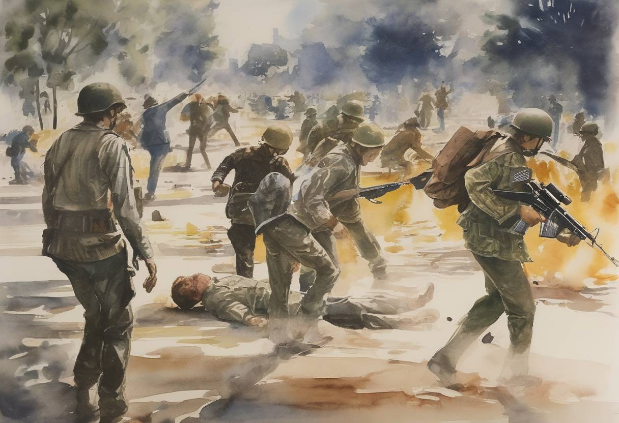 Watercolor painting based depiction of The Kent State shootings occurred when the Ohio National Guard fired on students protesting the Cambodian Campaign, resulting in four deaths and nine injuries. (1970)