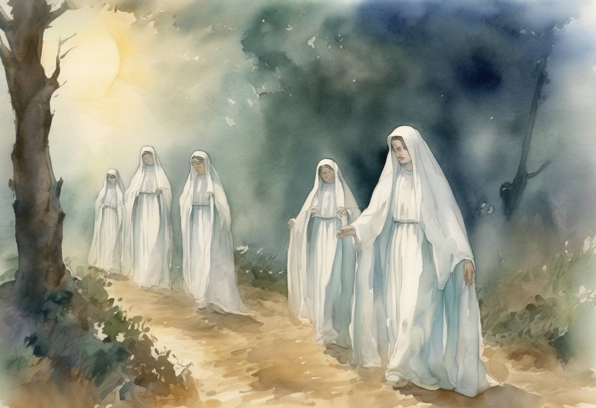 Watercolor painting based depiction of The first apparition of Our Lady of Fátima is reported by three shepherd children in Fátima, Portugal. (1917)