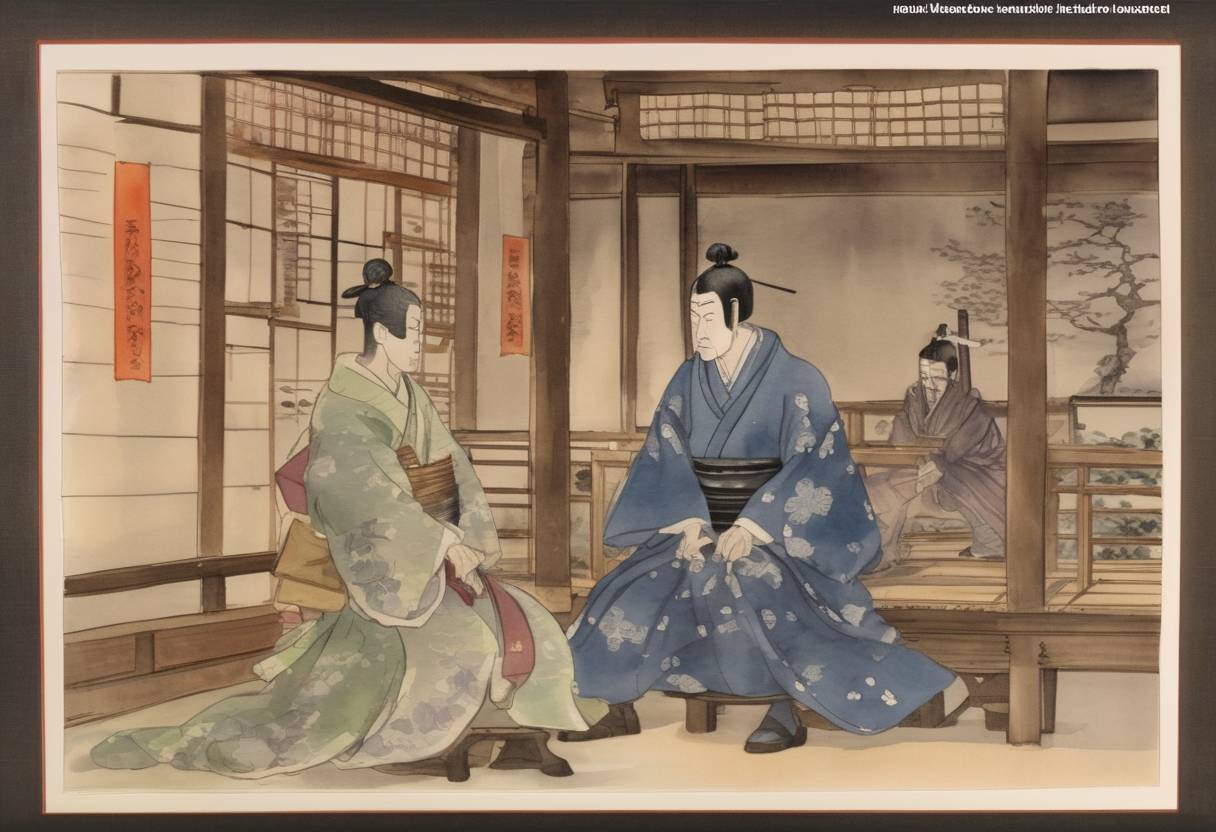 Watercolor painting based depiction of Minamoto no Yoritomo becomes the first shogun of the Kamakura shogunate of Japan. (1192)