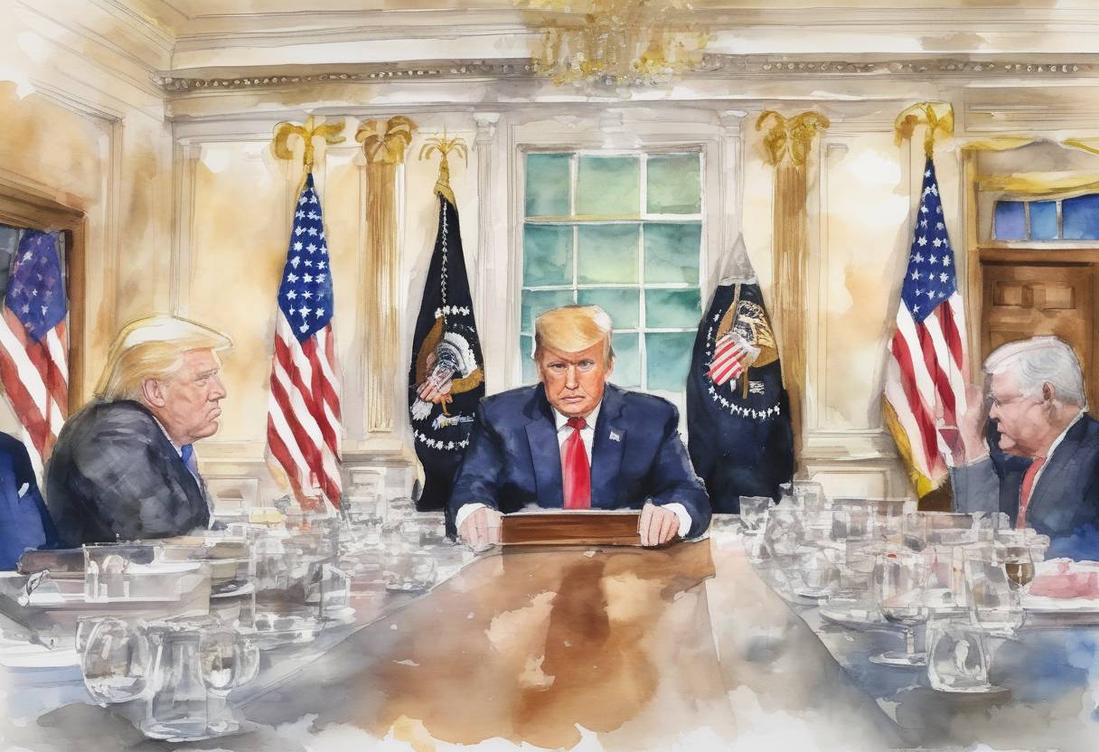 Watercolor painting based depiction of U.S. President Donald Trump announces the United States' withdrawal from the Iran nuclear deal, formally known as the Joint Comprehensive Plan of Action (JCPOA). (2018)
