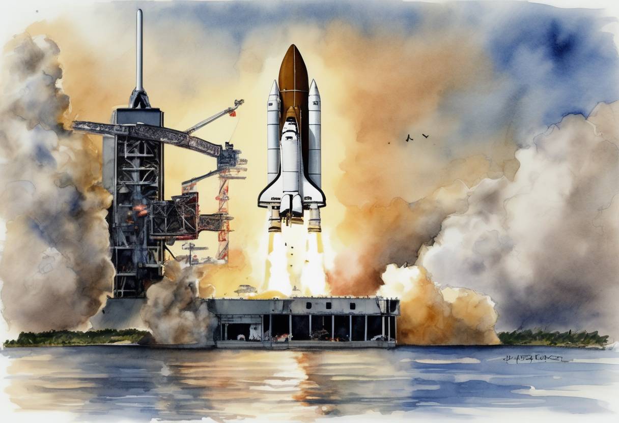 Watercolor painting based depiction of The Space Shuttle Columbia launched on its final mission, STS-107, which tragically ended in disaster upon re-entry on February 1, 2003. (2003)
