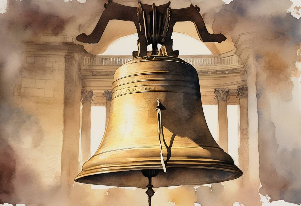 Watercolor painting based depiction of The Liberty Bell rang out from the tower of Independence Hall in Philadelphia, summoning citizens to the first public reading of the Declaration of Independence. (1776)