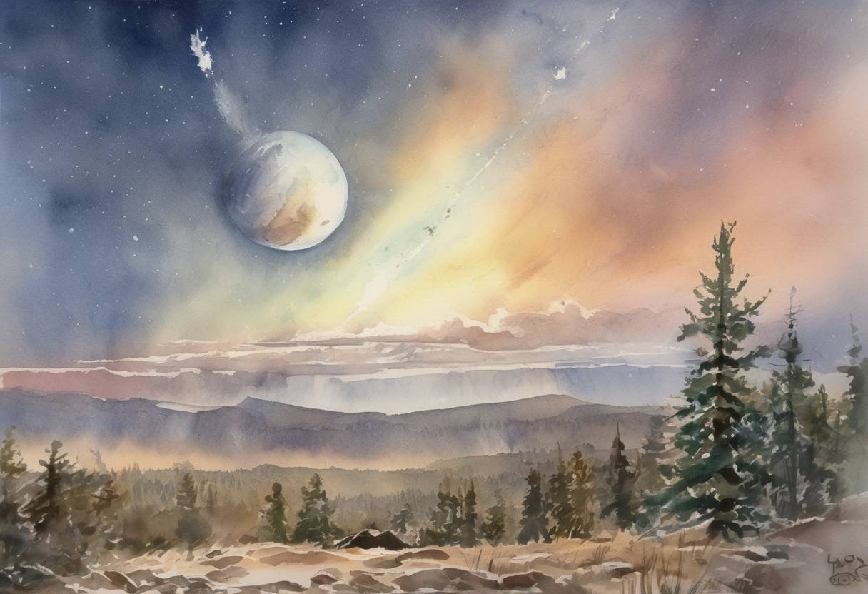 Watercolor painting based depiction of Comet Hale-Bopp is discovered independently by Alan Hale and Thomas Bopp. (1995)
