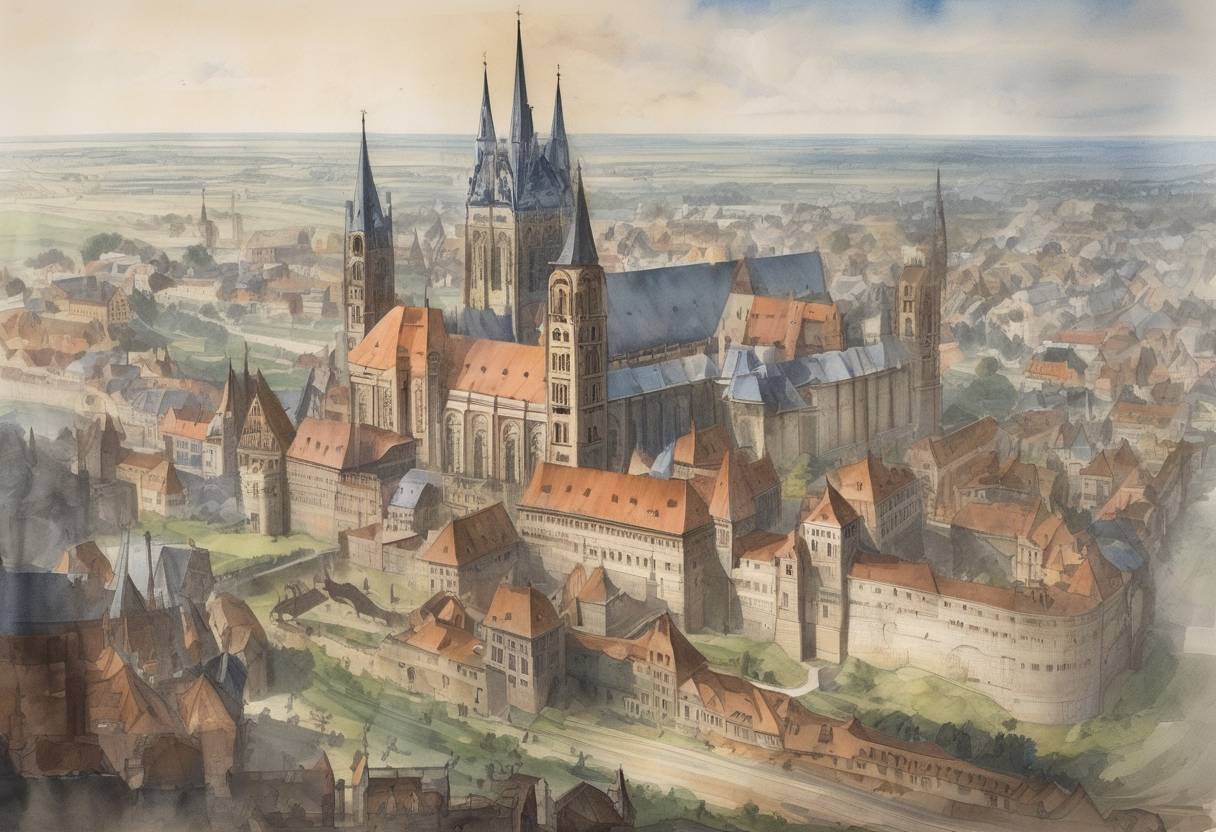 Watercolor painting based depiction of The city of Magdeburg in the Holy Roman Empire was sacked by the forces of Henry the Lion, Duke of Saxony and Bavaria, during a conflict with the Archbishop of Magdeburg. (1184)