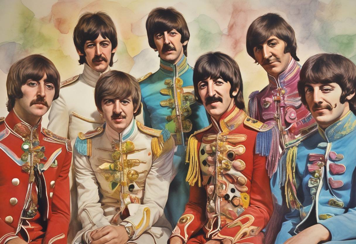 Watercolor painting based depiction of The Beatles released their groundbreaking album 'Sgt. Pepper's Lonely Hearts Club Band', which became a cultural milestone in music history. (1967)