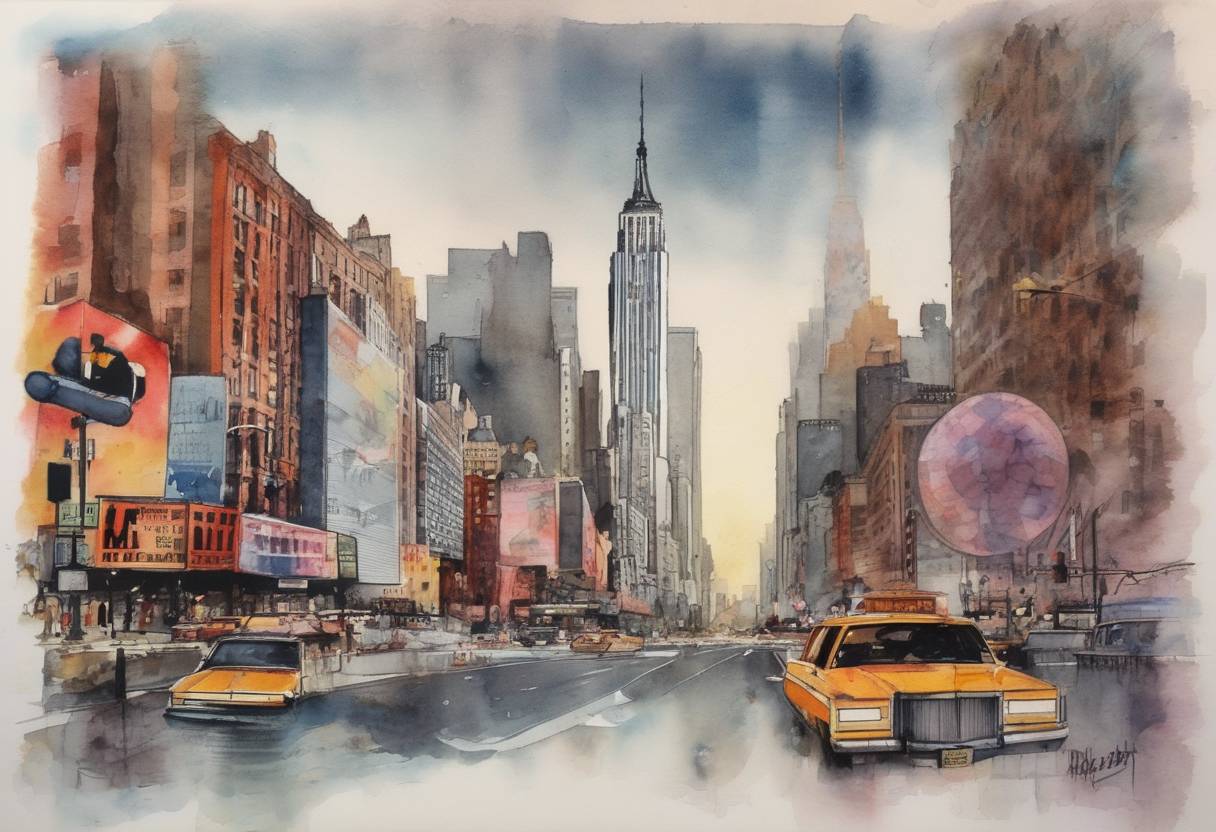 Watercolor painting based depiction of MTV launched its first broadcast, marking a significant moment in music and television history. (1981)