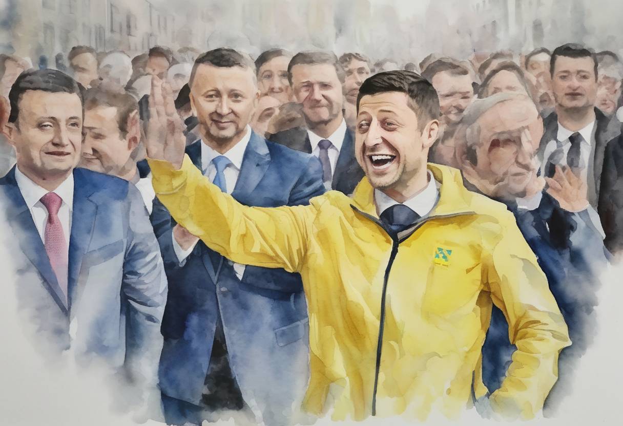 Watercolor painting based depiction of Volodymyr Zelensky, a former comedian with no prior political experience, won the Ukrainian presidential election in a landslide victory. (2019)