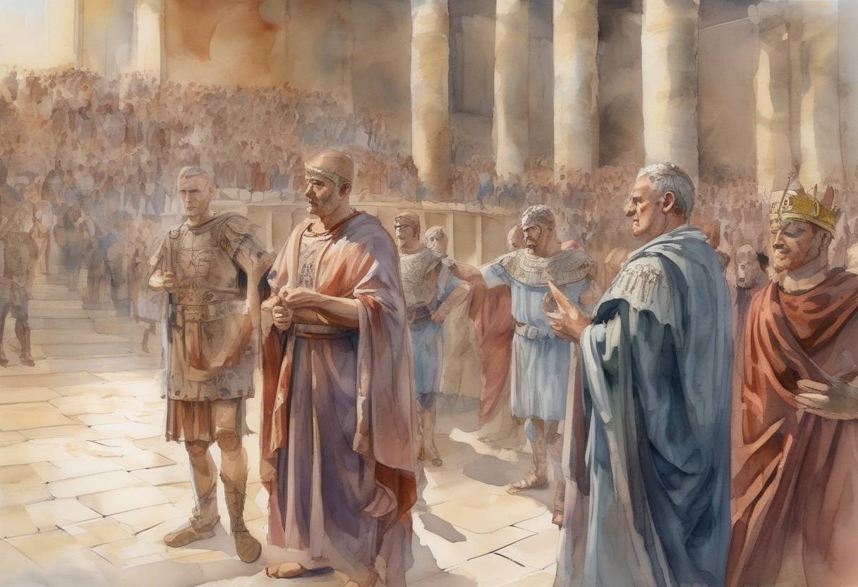 Watercolor painting based depiction of Maximinus Thrax is proclaimed Roman Emperor, marking the beginning of the Crisis of the Third Century. (235)