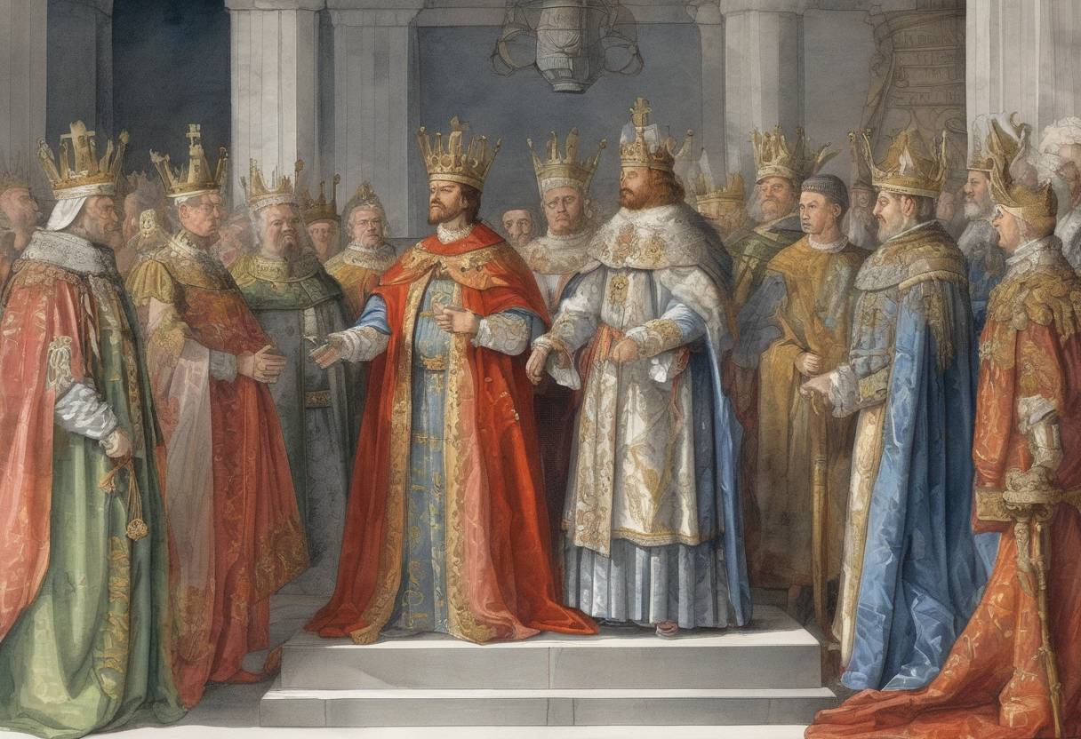 Watercolor painting based depiction of Gustav I of Sweden is crowned King of Sweden, marking the end of the Kalmar Union and the beginning of the modern Swedish state. (1528)